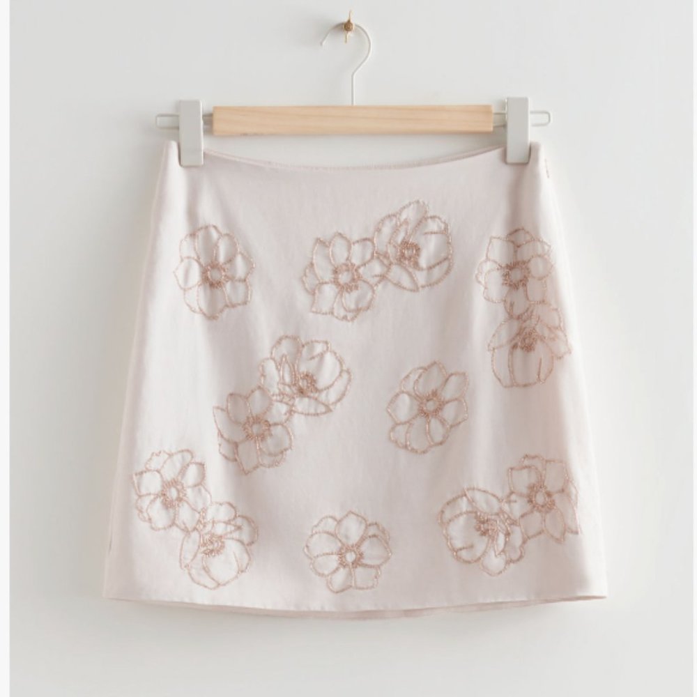 &Other Stories Beige Textured Mini Skirt - Beaded Flowers Size XS